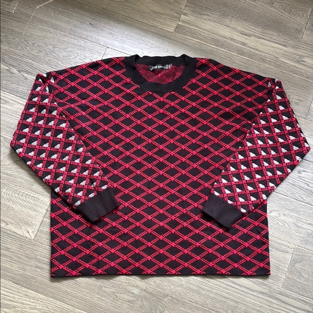 Gabby Isabella | Black and Red Crewneck Sweater w/ Geometric Pattern Size Large